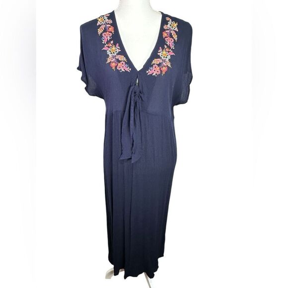 Johnny Was Embroidered Kaftan Kimono Maxi Dress Bohemian Navy Medium - Picture 4 of 11
